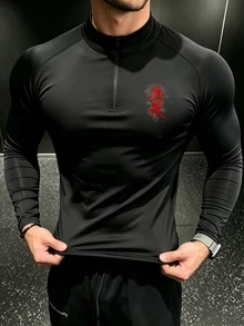 GymBeat Kaos Olahraga Pria Lengan Panjang Slim Fit dengan Kerah Tegak, untuk Gym - Hitam - View 5