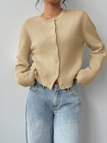 SHEIN BASICS 女款休閒純色圓領長袖寬鬆短版黑色針織開襟外套 冬季外套 - 卡其色 - 查看 4