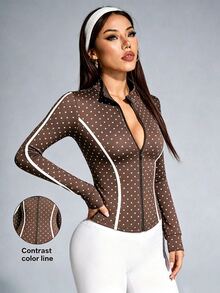 SHEIN Sovereign Charm 波點印花前拉鍊修身運動夾克 - 彩色 - 查看 3