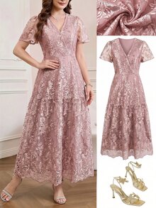 Amorya Women's Elegant Jacquard Mid-Length Dress With Overlap V-Neck, Short Sleeves And Ruffle Hem Wedding Formal Mother Of The Bride Dusty Mauve Summer - Pink - View 6
