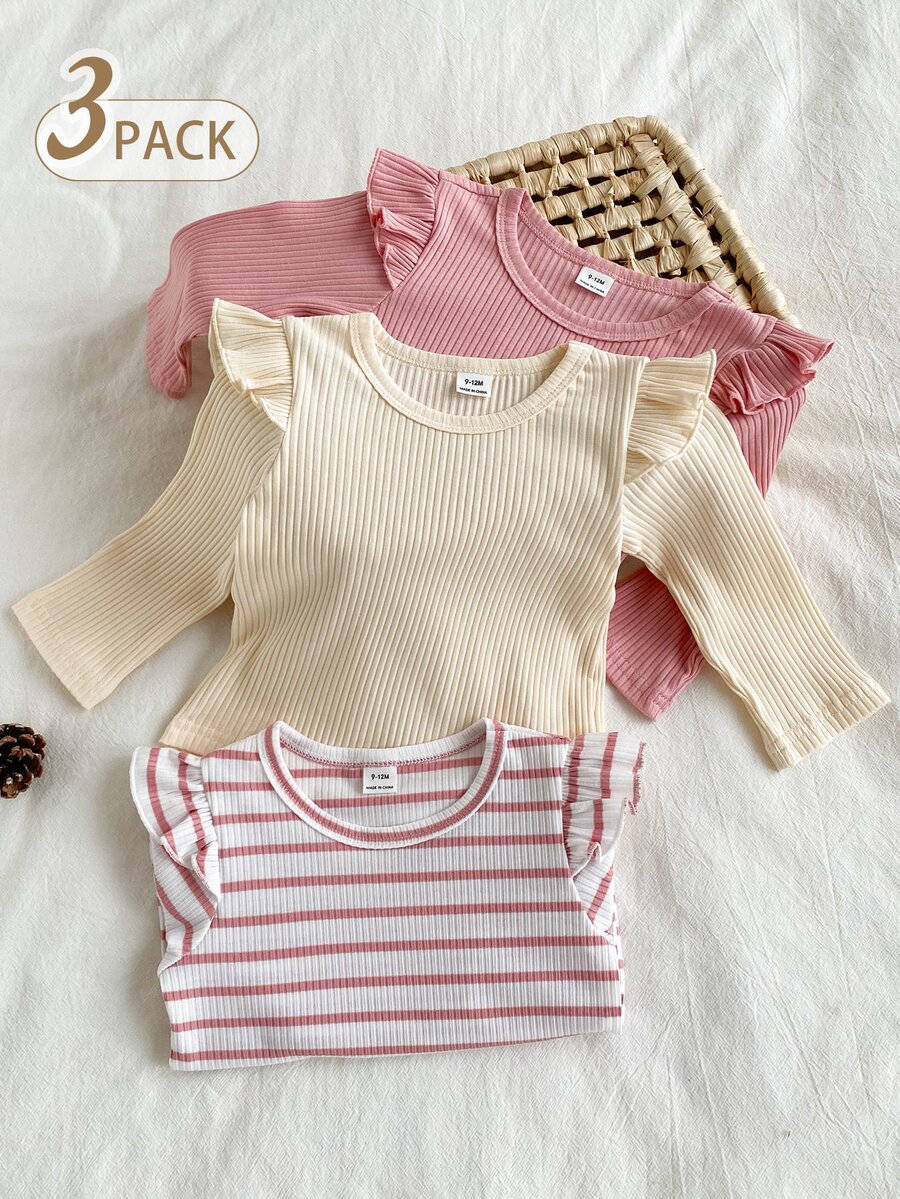 SHEIN 3pcs Baby Girls Ribbed Flutter Sleeve Long Sleeve T-Shirts, Autumn/Winter New Round Neck Tops, Including Ribbed And Solid Color, Sweet Versatile Base Layer For Little Girls - Multicolor - View 1