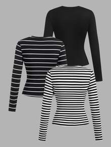 Comfortcana Plus Size Women 3pcs Set Round Neck Striped & Solid Color Casual Fitted Long Sleeve T-Shirt Fall - Multicolor - View 3