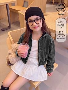 SHEIN Tween Girls' Black Knit Denim Short Hooded Long Sleeve Jacket - Black - View 1