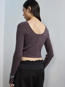 MERLEAU Women's Modern Cropped Fashion Long Sleeve Knit Top - Brown - View 2