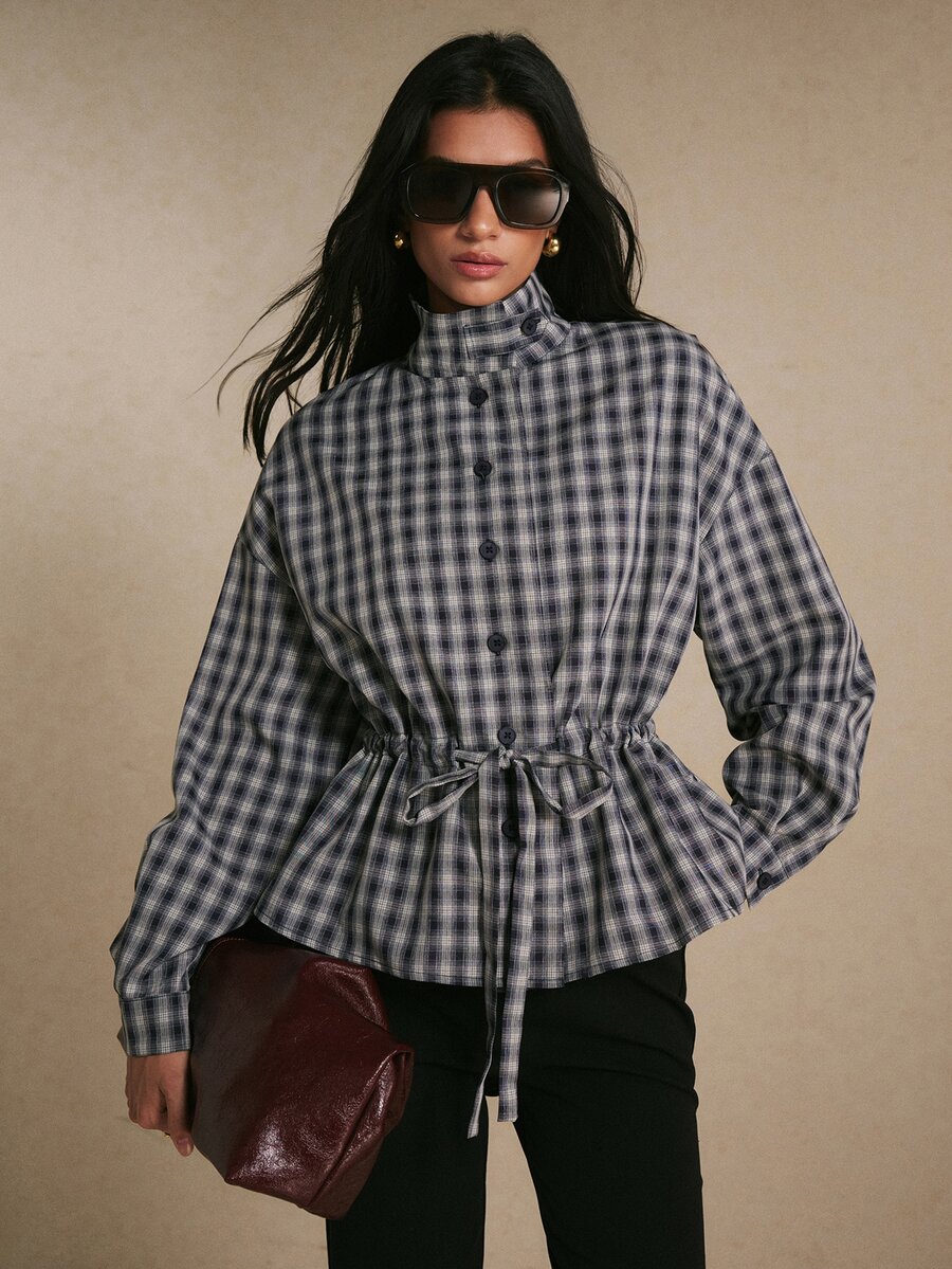 Poéselle Women Quiet French Classic Luxury Plaid Lightweight Jacket, Drawstring Waist Outerwear For Office,Women's Autumn Jacket White And Navy - Navy Blue - View 1