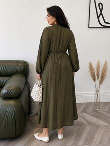 Solavon Plus Size Women Solid Color Notch V-Neck Long Sleeve Waist Tie Casual Dress - Army Green - View 2
