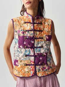 Bohemela Women's Floral Print Frog Button Design Casual Vest Jacket - Multicolor - View 6