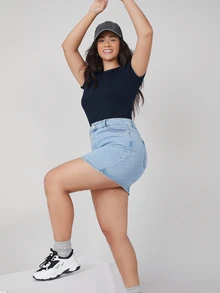 SHEIN BASICS Plus Round Neck Solid Slim Tee Summer Tops - Navy Blue - View 4