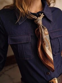 MOTF PREMIUM WOMEN'S FRONT BUTTON FLAP DETAIL SHIRT WITH SCARF - Blue - View 2