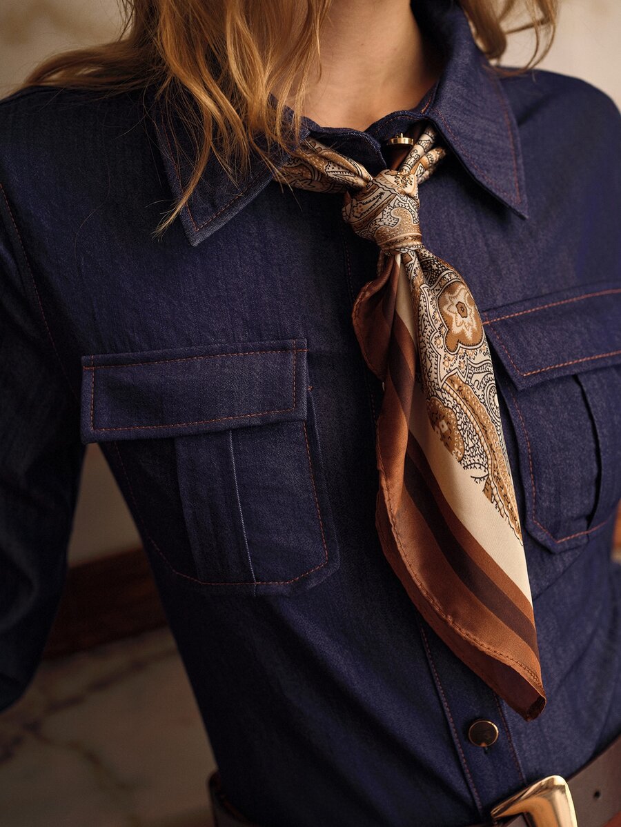 MOTF PREMIUM WOMEN'S FRONT BUTTON FLAP DETAIL SHIRT WITH SCARF - Blue - View 2