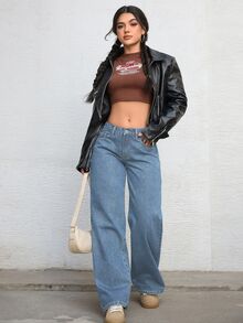Jeanoix Petite Y2K Women's Outdoor All-Season Commute Fashion Blue Wide Leg Jeans - Light Wash - View 5