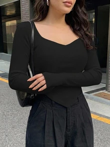 Dazy Plus Plus Size Women Sweetheart Neckline Solid Color Elegant Fitted Versatile Korean Style T-Shirt - Black - View 3