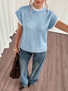 Siren Gaze 女款休閒針織短袖上衣，飾有荷葉邊飾 - 淺藍色 - 查看 6