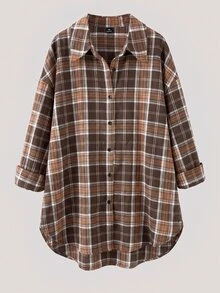 SHEIN Essnce 大尺碼女款格紋落肩單排扣休閒寬鬆襯衫 - 棕色 - 查看 1
