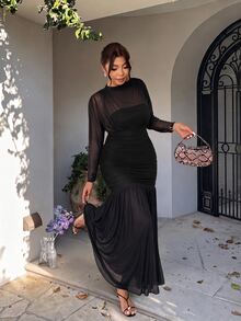 Firerie Plus Size Women Solid Color Pleated Casual Party Dress Fall - Black - View 8