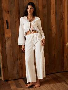 Lullawish Bohemian 100% Lace Hollow Out Women's Pajama Set - White - View 5