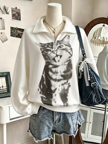 Lalippa New American Vintage Half-Zip Polo Collar Printed Sweatshirt - White - View 1