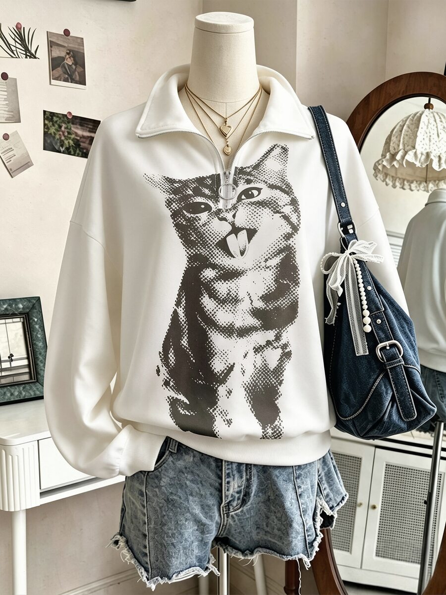 Lalippa New American Vintage Half-Zip Polo Collar Printed Sweatshirt - White - View 1