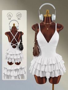 Amplova Ruffle Trim Backless Spaghetti Strap Sports Romper - White - View 9