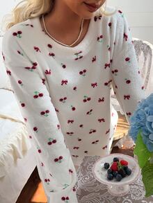 CottageSlumber Romantic Flannel Cherry Bow Print Round Neck Long Sleeve Pants Women's Pajama Set, Autumn/Winter - Multicolor - View 6