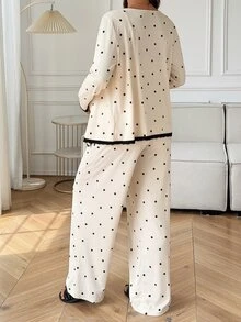 Dazy Maternity Contrast Color Polka Dot Lace Trim Slim Fit Camisole Straight Leg Pants Loose Cardigan Casual Daily Home Spring Autumn 3-Piece Set Maternity 2-Piece Set - Apricot - View 2