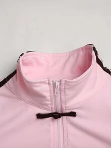 SHEIN 青少年女孩對比棕色中式結與織帶立領修身粉色長袖夾克外套休閒運動風，5款隨機1件 - 粉色 - 查看 5