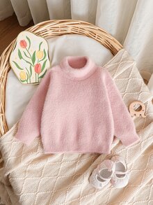 SHEIN 新款時尚百搭極簡柔粉色女嬰針織套頭毛衣 秋冬款 - 粉色 - 查看 5