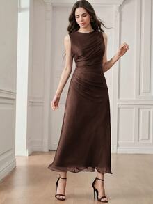 Anewsta Women's Elegant Dark Brown Shiny Round Neck Sleeveless Cinched Waist Long Dress For Wedding Guest Party Ceremony - Dark Brown - View 6