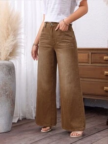 SHEIN PETITE 女款時尚百搭鈕扣口袋寬鬆寬腿牛仔褲 - 棕色 - 查看 4