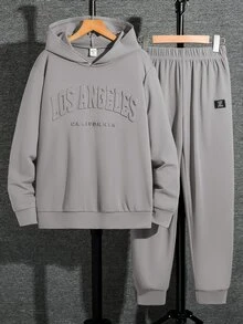 SHEIN 青少年男孩拼色寬鬆長袖連帽衫套裝，冬季，街頭風，畢業，返校 - 灰色 - 查看 6