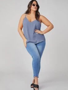 SHEIN BASICS 大尺碼純色細肩帶背心上衣 夏季女款穿搭上衣 - 霧霾藍 - 查看 3