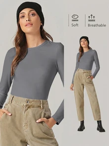 SHEIN BASICS 女款休閒百搭純色修身長袖T恤上衣 白色 - 灰色 - 查看 1