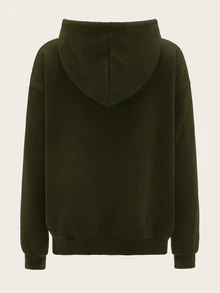 SHEIN BASICS 舒適抓絨落肩拉鍊連帽衛衣，秋冬長袖上衣 - 軍綠色 - 查看 4