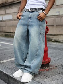 Major Grit Celana Jeans Denim Pria Model Lebar, Longgar, Kasual, Serbaguna dengan Kantong - Light Wash - View 1