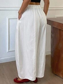 Dazy Plus All White Elastic Waist Petal Cuff Loose Harem Pants, Casual Cargo Cropped Length Denim Jeans For Girls, Vacation Style Fall Going Out - White - View 2