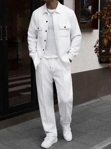 Manfinity CasualCool 男士針織紋理前開鈕扣設計 白色經典百搭秋冬休閒夾克 2件套 - 白色 - 查看 1