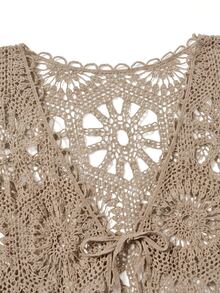 Rusticease Plus Size Hollow Knit Lace-Up Thin Cardigan - Camel - View 3