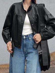 FRIFUL Jaket Kasual Wanita Lengan Panjang Kancing Tunggal Potongan Reguler Bahan Kulit PU Warna Polos untuk Musim Gugur - Hitam - View 3