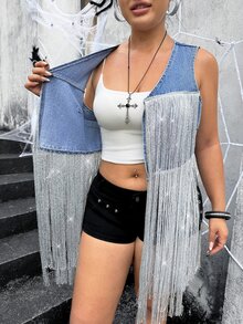 SHEIN ICON Plus Size Women's Tassel Design Fashion Versatile Denim Jacket - Blue - View 7