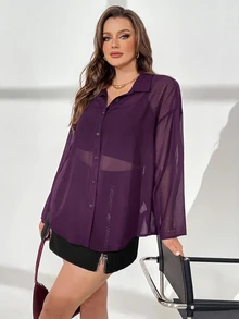 Auralis Plus Size Women Solid Color Casual Versatile Daily Wear Shirt - Purple - View 5
