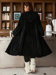 Muchica Plus-Size, Warm, Hooded, Mid-Length Winter Coat With Pockets-Perfect For Lounging At Home. - Black - View 2
