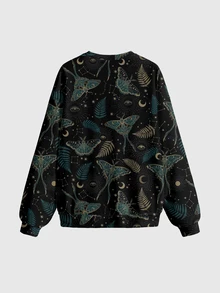 ROMWE Dark Gothic Mysterious Moth Moon Sun Stars Gothic Pullover Sweatshirt Plus Size - Black - View 2