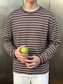 SHEIN 青少年男孩拼色領口休閒春/秋季T恤 - 棕色 - 查看 4