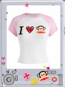 Paul Frank X ROMWE 亞文化女孩休閒聯名款「I Love」印花落肩袖修身女款T恤 - 淺粉色 - 查看 1
