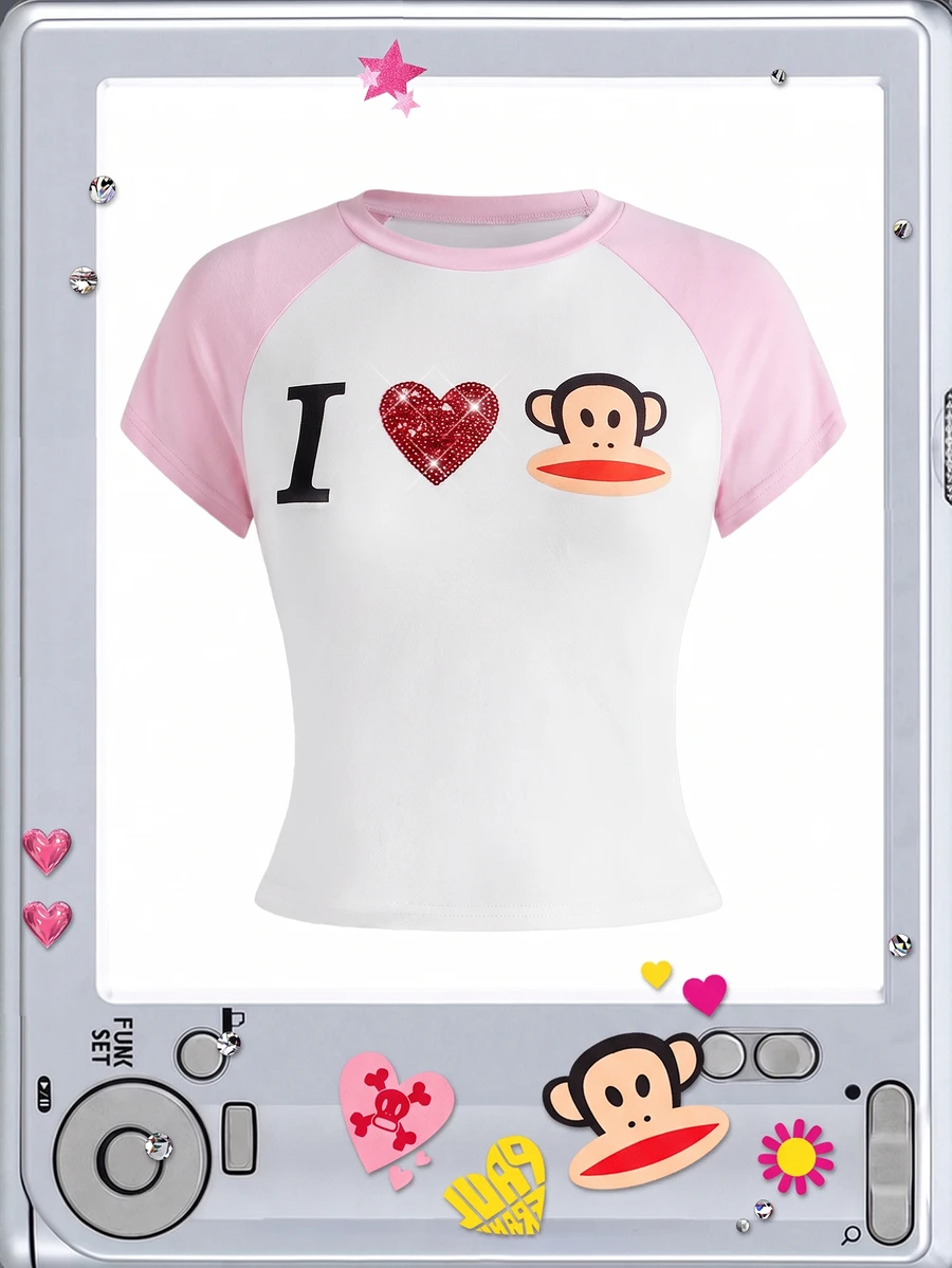 Paul Frank X ROMWE 亞文化女孩休閒聯名款「I Love」印花落肩袖修身女款T恤 - 淺粉色 - 查看 1