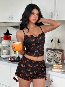 ZzzCrew Halloween Element Spaghetti Strap Short Sleeve Women's Pajama Set - Multicolor - View 5