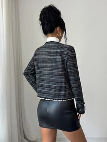SHEIN Elenzya Women's Classic Black & White Tweed Faux Pearl Button Long Sleeve Commuter Jacket - Black - View 2