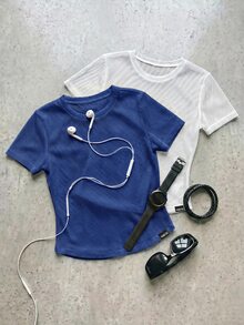 SHEIN Cheerettes 女款素色圓領短袖休閒健身運動T恤 - 彩色 - 查看 2
