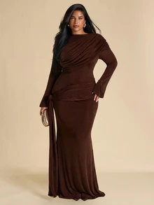 SHEIN BAE CURVE Plus Size Women Deep Burgundy Ruched Long Dress With Bow, Elegant Cocktail Dress, Halloween Fall - Brown - View 2