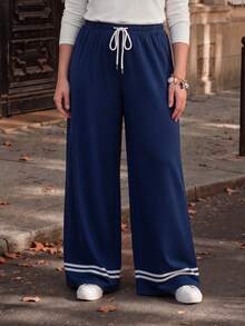 Miaspire Celana Panjang Longgar Bergaris Warna Blok Ukuran Besar untuk Wanita, Cocok untuk Musim Gugur dan Musim Dingin, Sweater untuk Liburan Berlayar, dan Pakaian Musim Dingin Lainnya - Navy Blue - View 2